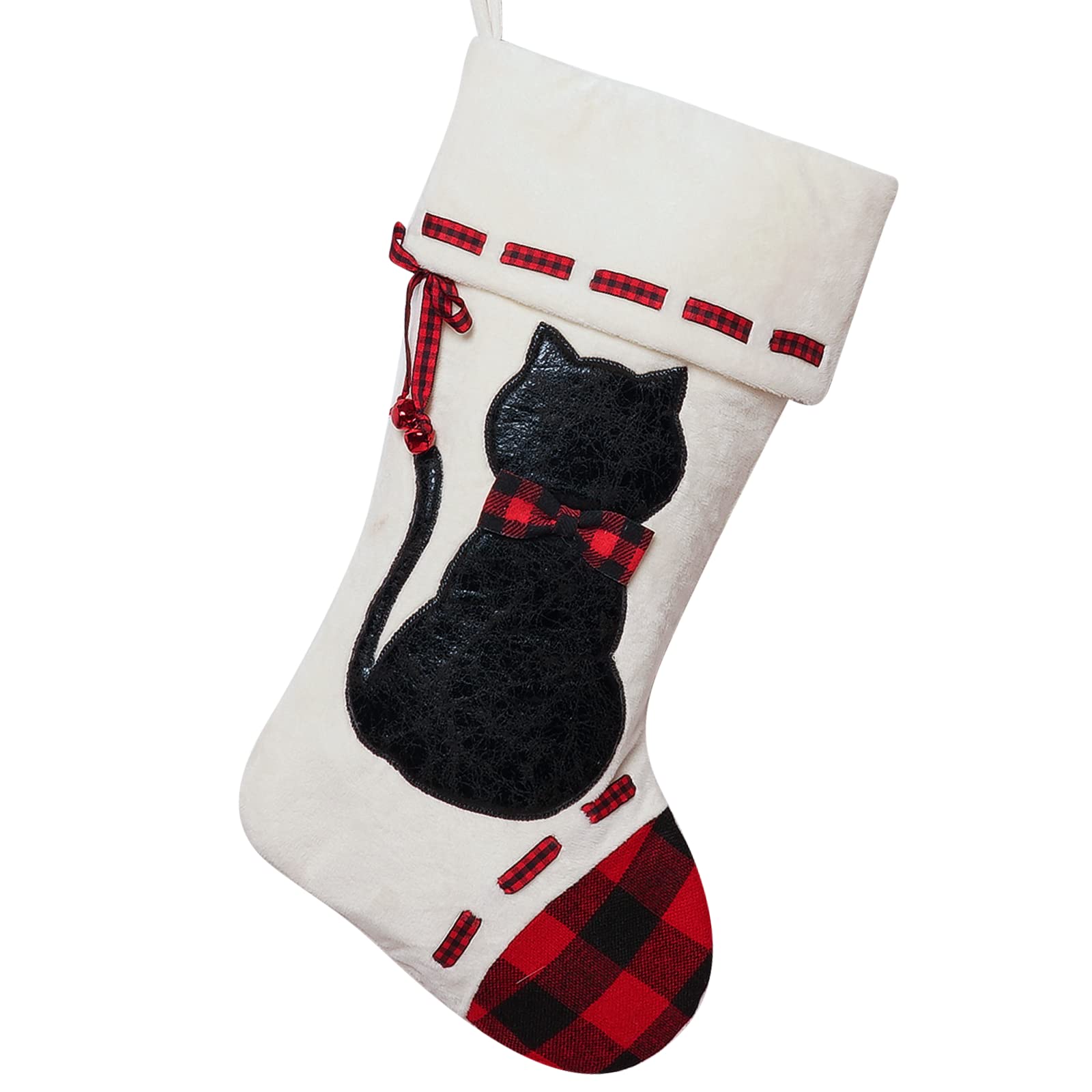 19'' Cat Christmas Stocking - 3D Black Leather Cat Pattern Oversize Handmade Xmas Stocking for Fireplace Decor | Perfect for Holiday Parties, Family Gatherings & Pet Lovers Gifts | Festive Home Decor for Cats & Pet Owners