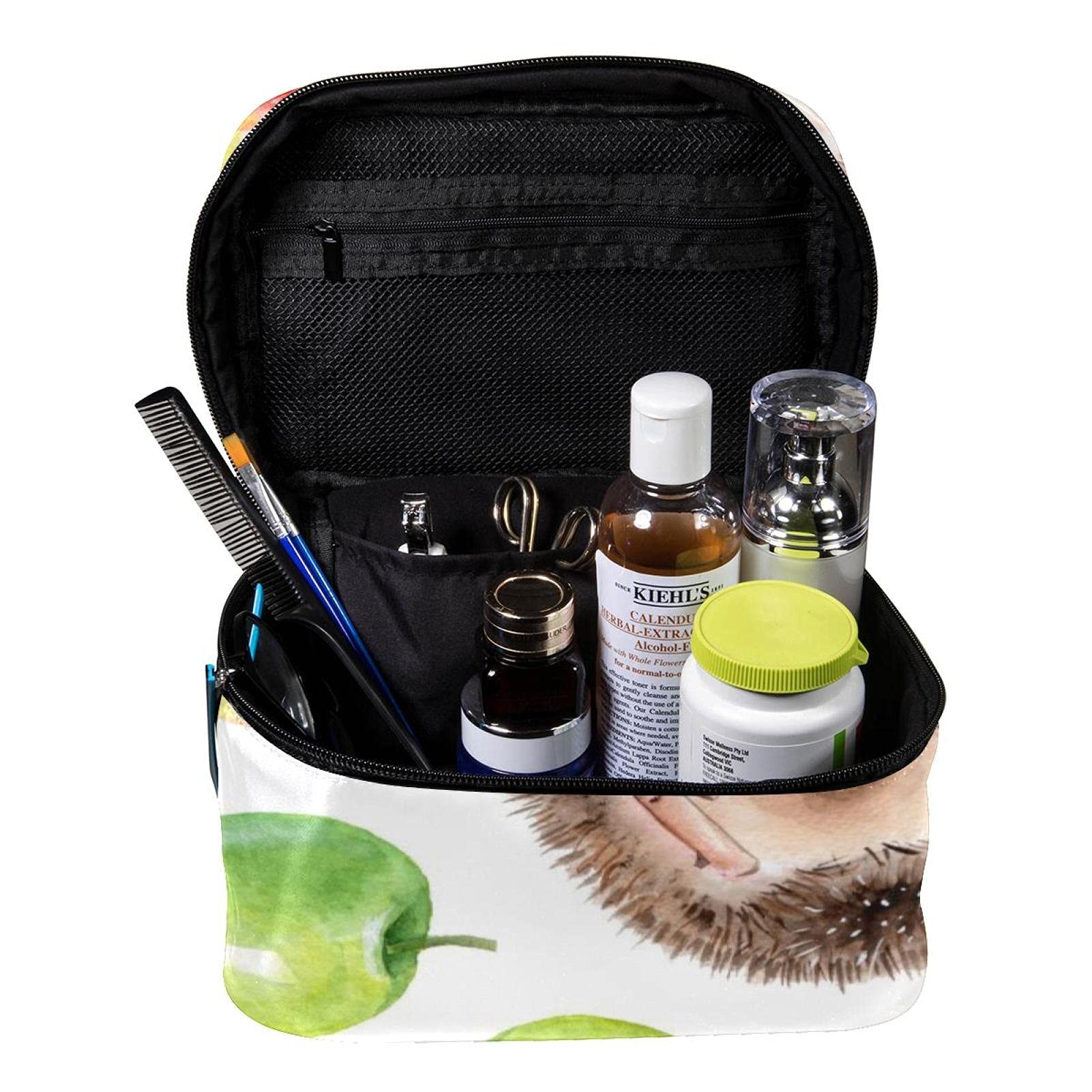 Hand-Drawn Hedgehogs & Apples Large Travel Makeup Bag - Waterproof Cosmetic Organizer with Zipper for Women & Girls | Perfect for Vacation, Gym, and Daily Essentials Storage
