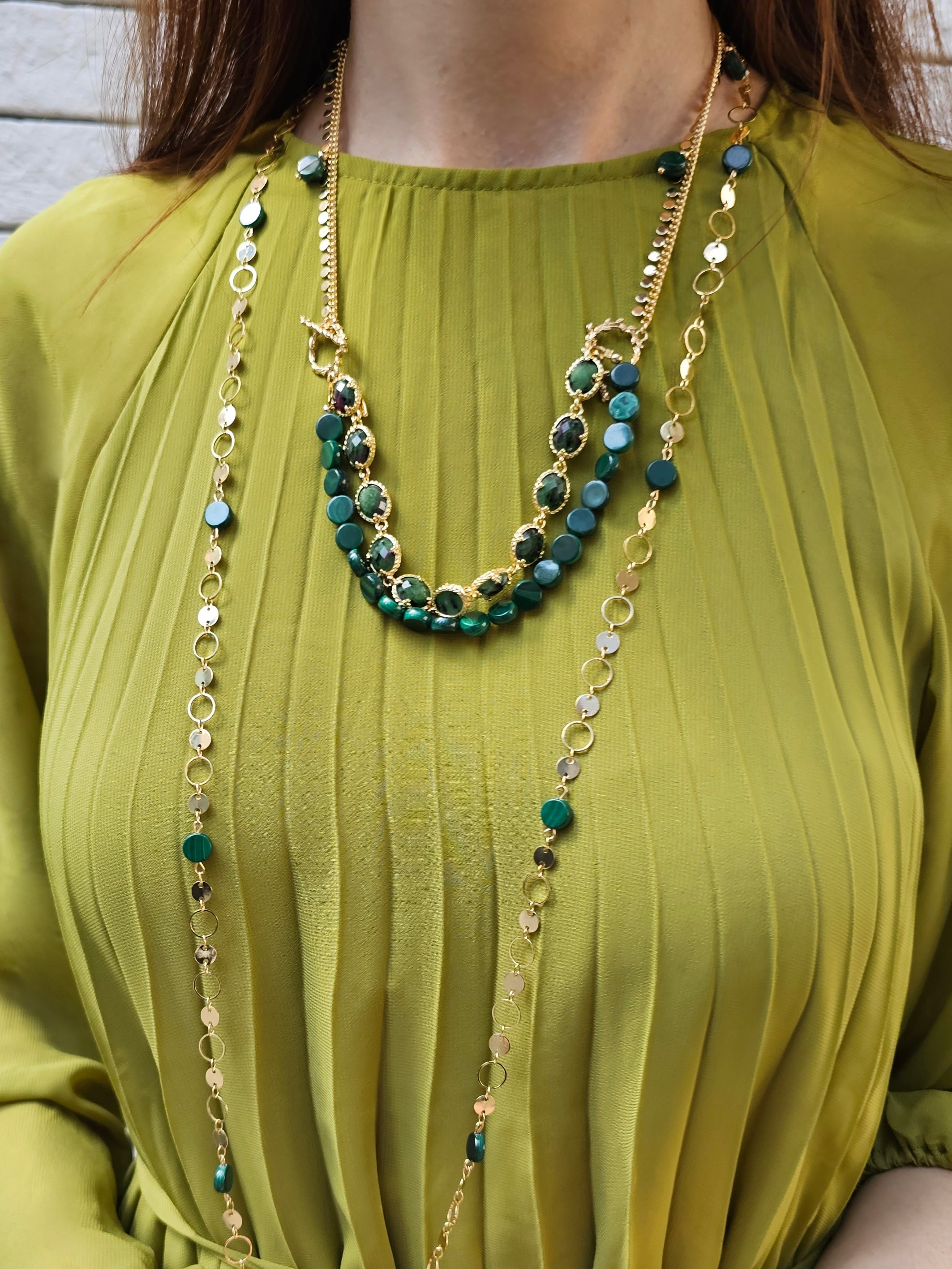 Elegant Round Gold Chain with Malachite Gemstone - Long Statement Necklace PN062 for Women | Perfect for Parties, Weddings & Evening Events