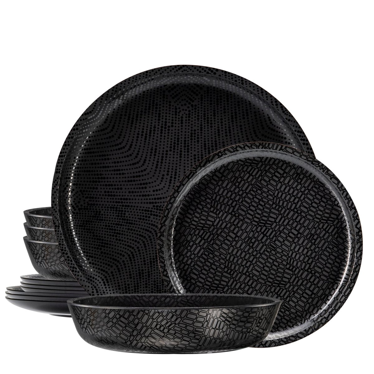 12-Piece Black Melamine Dinnerware Set - Durable Plates & Bowls for Outdoor Dining, Camping, and Picnics