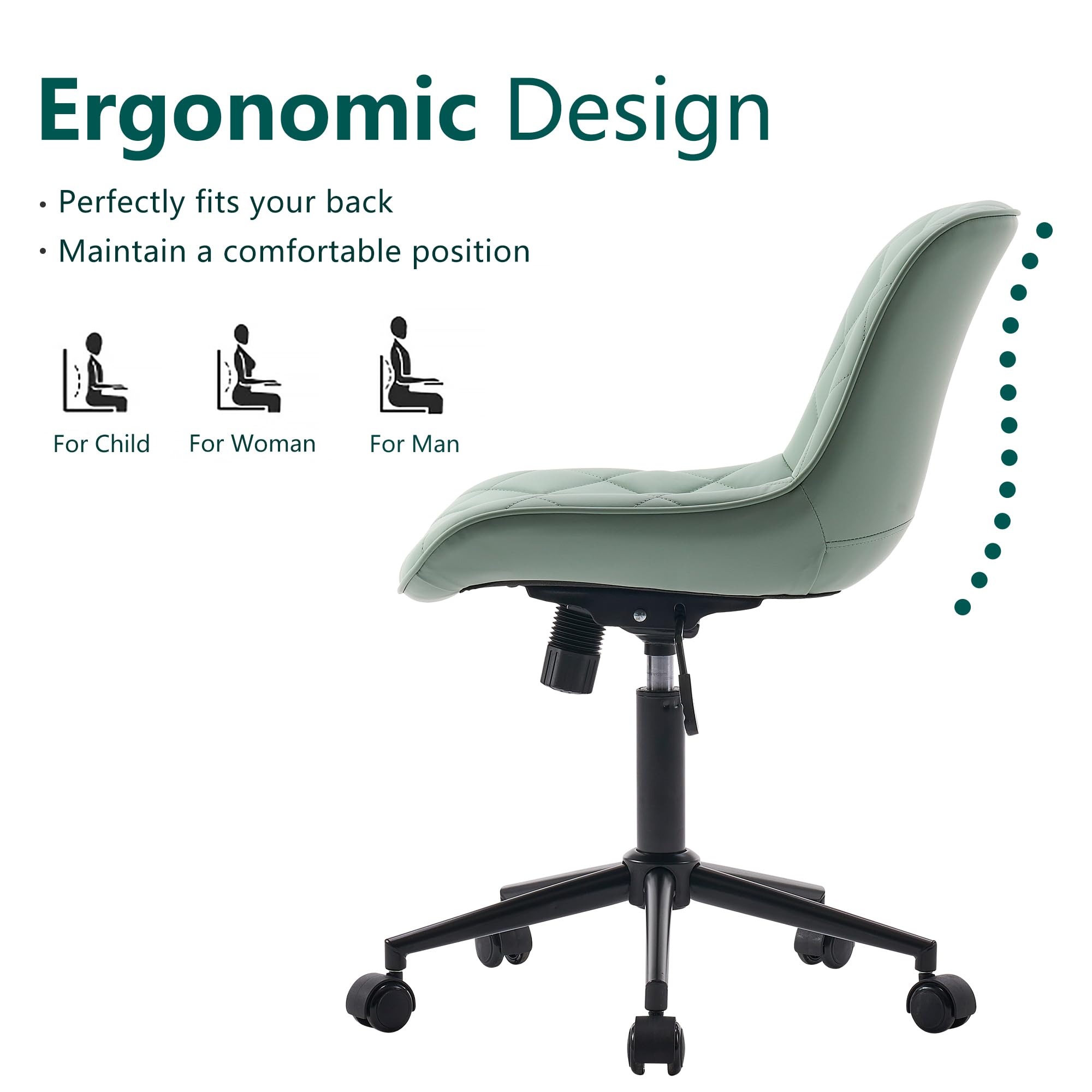 YOUNUOKE Armless Desk Chair - Comfy Home Office Computer Chair with Wheels, Rolling Swivel Task Chair, Modern Upholstered Executive Chair for Small Spaces (Mint Green) - Perfect for Home Office, Gaming, Study & Vanity Desks
