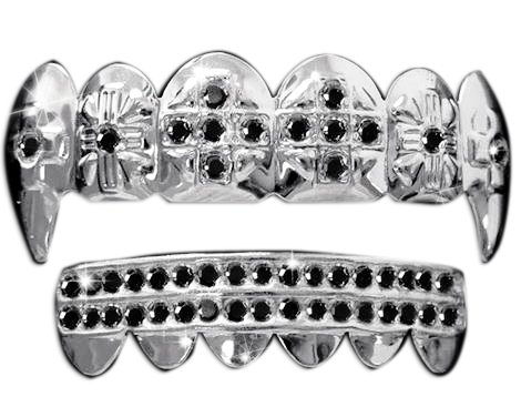 Silver Vampire Fangs Grillz with Black Stones - Hip Hop Joker Costume Accessories for Halloween, Cosplay & Rap Performances