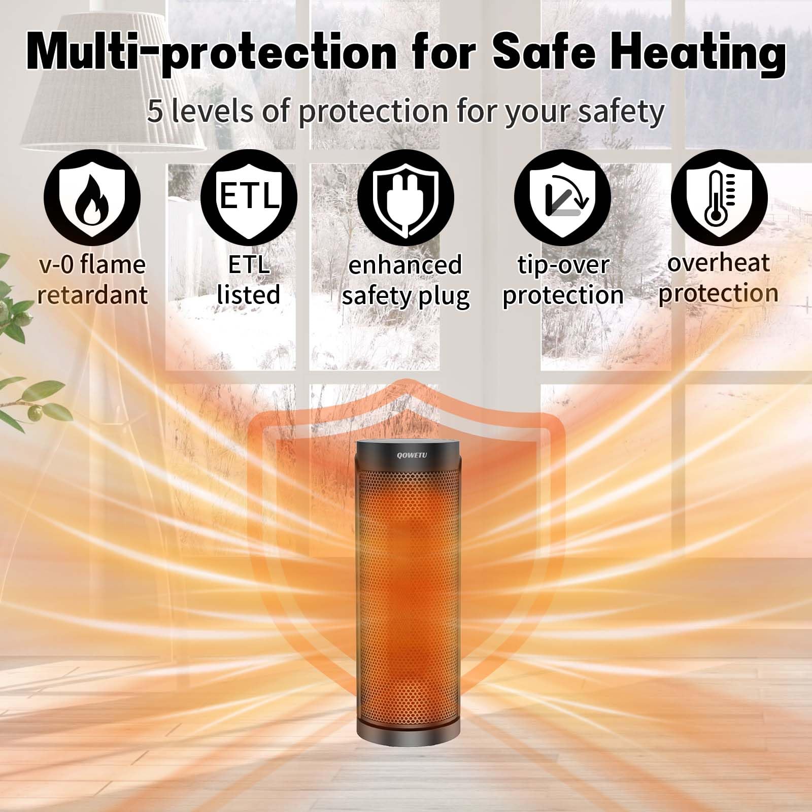 QOWETU 1500W Portable Space Heater with Remote - 70° Oscillating Ceramic Heater for Home, 17 Inch Quiet PTC Heating with Thermostat & 12H Timer | Fast Safety Heat for Bedroom, Office & Indoor Use | Perfect for Winter Warmth & Energy Saving