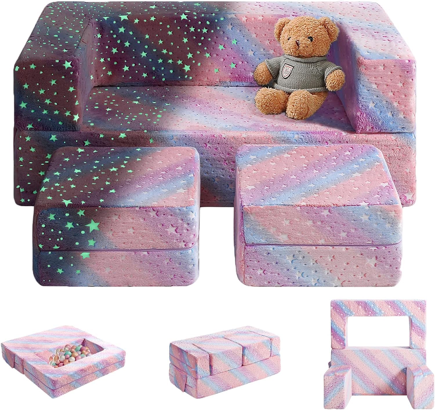 Glow in The Dark Modular Kids Sofa - 3-in-1 Convertible Toddler Couch with Washable Covers | Foldable Play Sofa for Boys & Girls | Durable Plush Children's Furniture for Playroom, Bedroom & Nursery