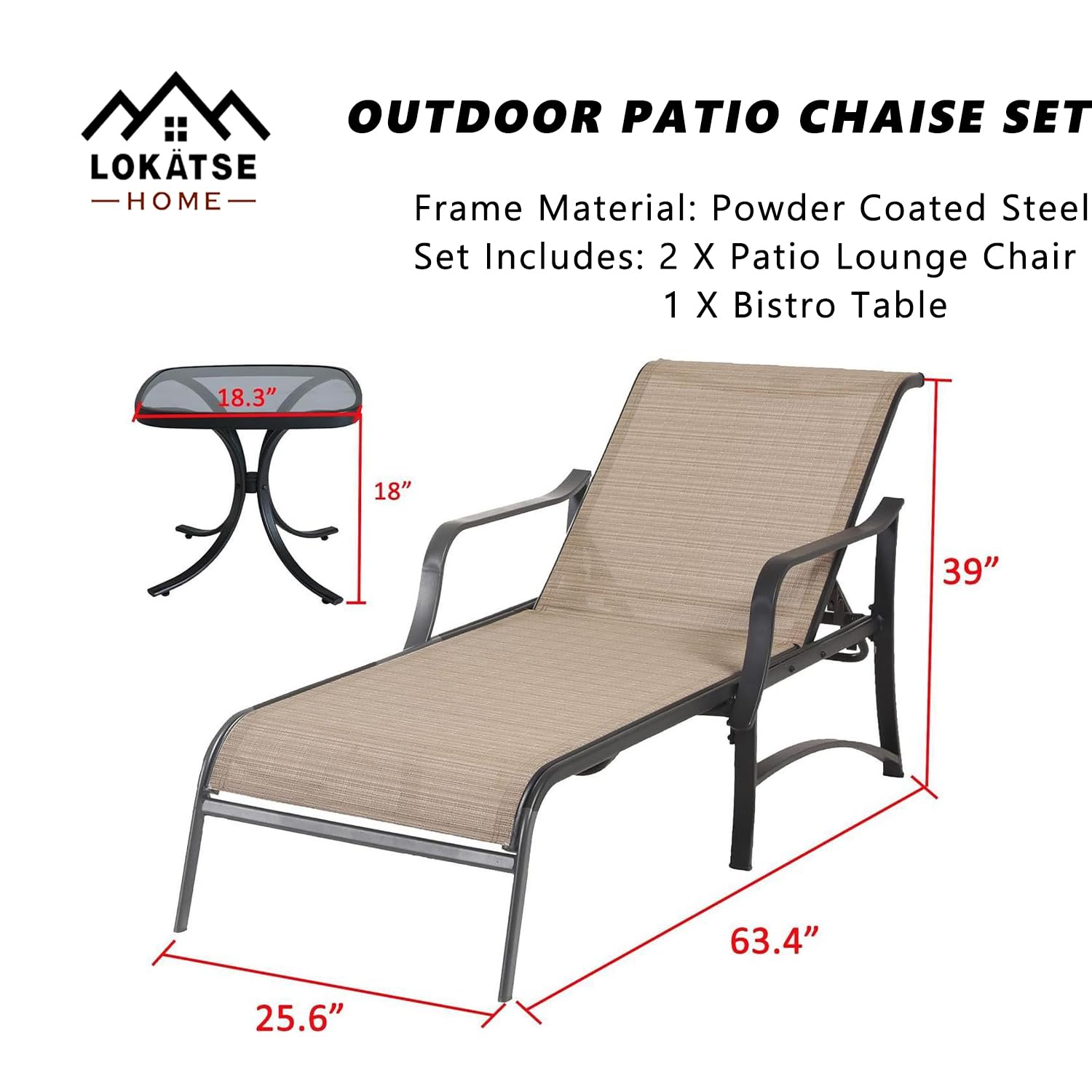 LOKATSE HOME 3-Piece Outdoor Chaise Lounge Set - Adjustable Steel Frame Patio Pool Chairs with Coffee Table - Perfect for Backyard, Garden, and Poolside Relaxation