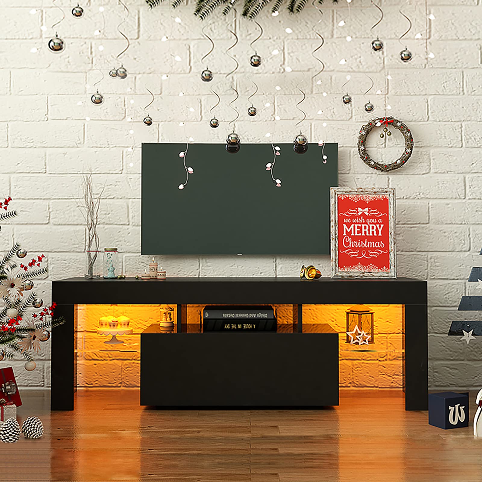 JOYSOURCE 55/60 Inch Black LED TV Stand - Modern High Gloss Entertainment Center with Large Storage, Wood Media Console for Living Room & Bedroom - Perfect for Gaming, Movie Nights & Home Theater Setup