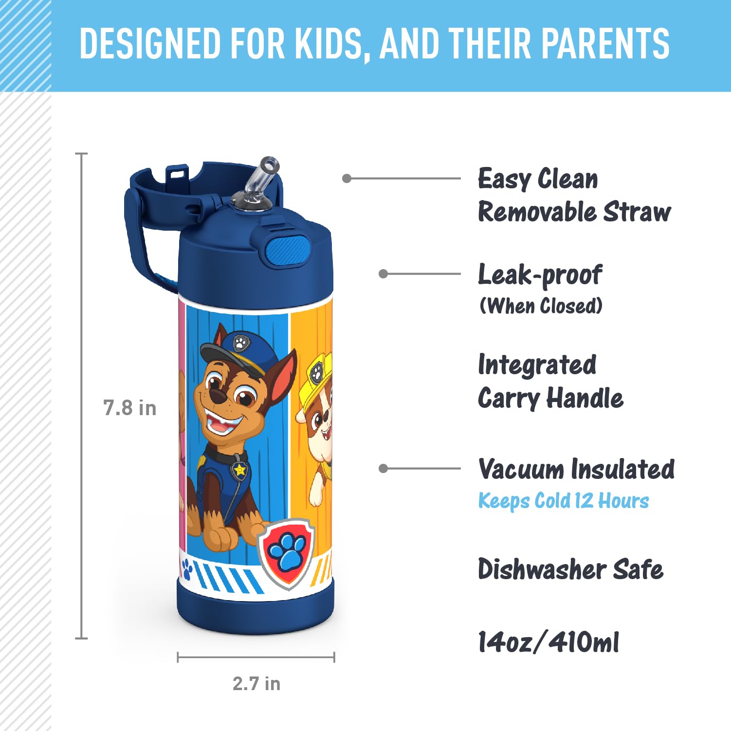 THERMOS FUNTAINER 14oz Stainless Steel Vacuum Insulated Water Bottle - Leak Proof Kids Thermos for School, Travel & Outdoor Activities | Paw Patrol Design for Boys & Girls
