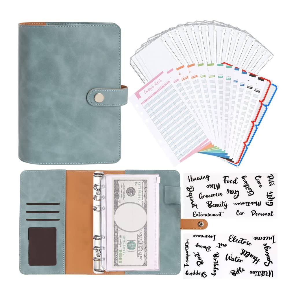 Premium Mini PU Leather A6 Binder Budget Planner - Cash Envelope Organizer with Clear Zipper Pockets & Expense Sheets - Blue (As Shown) - Perfect for Personal Finance Tracking, Travel Budgeting & Small Business Expense Management