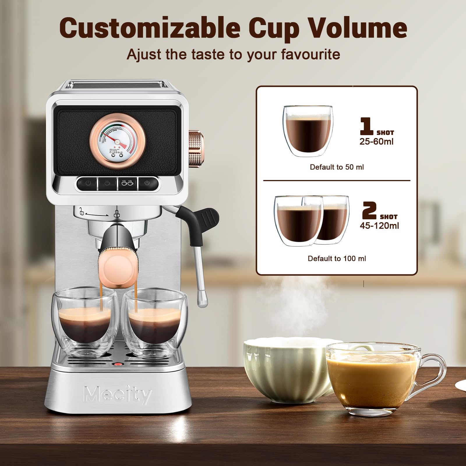 Mecity 20 Bar Espresso Machine with Milk Frother - Brushed Stainless Steel Coffee Maker for Espresso, Latte, Mocha & Americano - 37 fl.oz Water Tank, 1400W - Perfect for Home, Office & Cafe Use