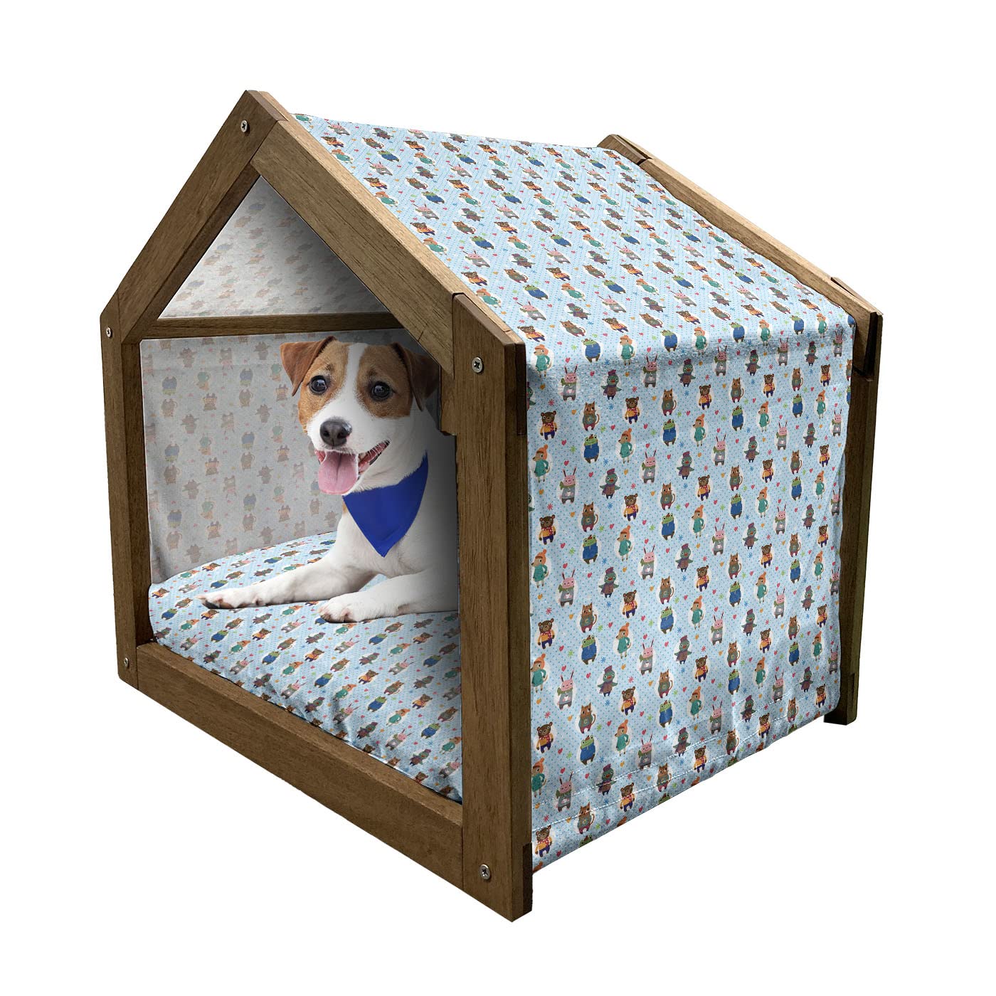 Ambesonne Wooden Pet House for Small Dogs - Cozy Indoor & Outdoor Portable Dog Kennel with Pillow & Cover, Winter-Themed Animal Illustration with Hats & Coffee on Dotted Pattern - Perfect for Home, Yard, Travel & Cold Weather Use