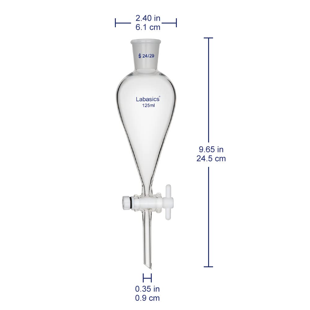 Labasics 125ml Heavy Wall Borosilicate Glass Conical Separatory Funnel with 24/29 Joints & PTFE Stopcock - Ideal for Chemical Labs, Liquid Extraction, and Solvent Separation