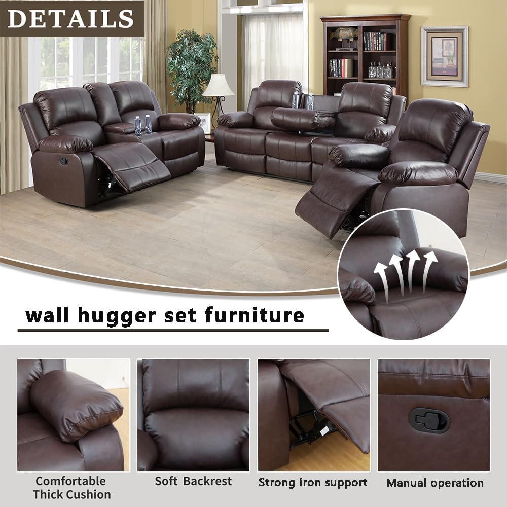 Premium Bonded Leather Reclining Sofa Set - 3-Piece Living Room Furniture (Loveseat & Recliners, Brown) | Comfortable Home Theater Seating & Family Lounge Furniture