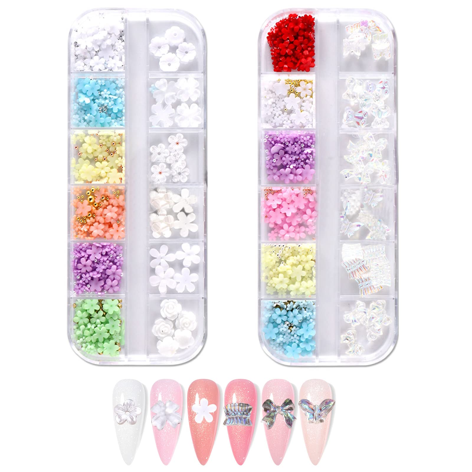 2 Boxes Acrylic Nail Flowers & Bows with Gold Silver Caviar Beads - DIY Nail Art Charms, Rhinestone Jewelry for Women & Girls - Perfect for Manicures, Bridal Nails, and Party Nail Designs