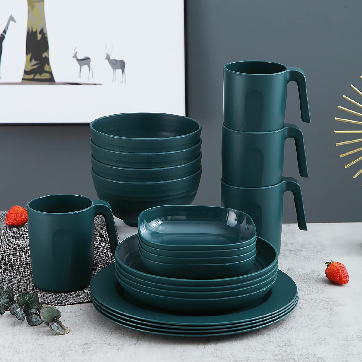 Kyraton 20-Piece Unbreakable Polypropylene Dinnerware Set - Durable Dark Green Plates, Bowls & Cups - Microwave & Dishwasher Safe - Perfect for Outdoor Dining, Camping & Everyday Use