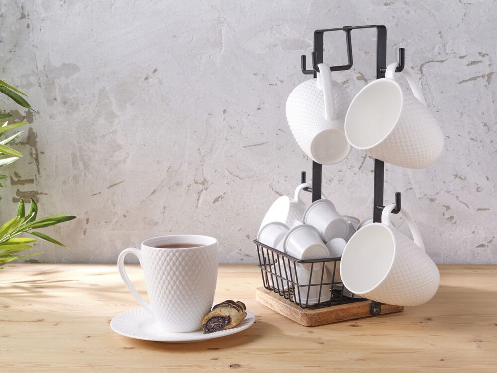 Stella Mug Tree with Storage Basket - Rustic Wooden Cup Holder for Coffee Mugs & Tea Cups - Kitchen Countertop Organizer for Small Spaces