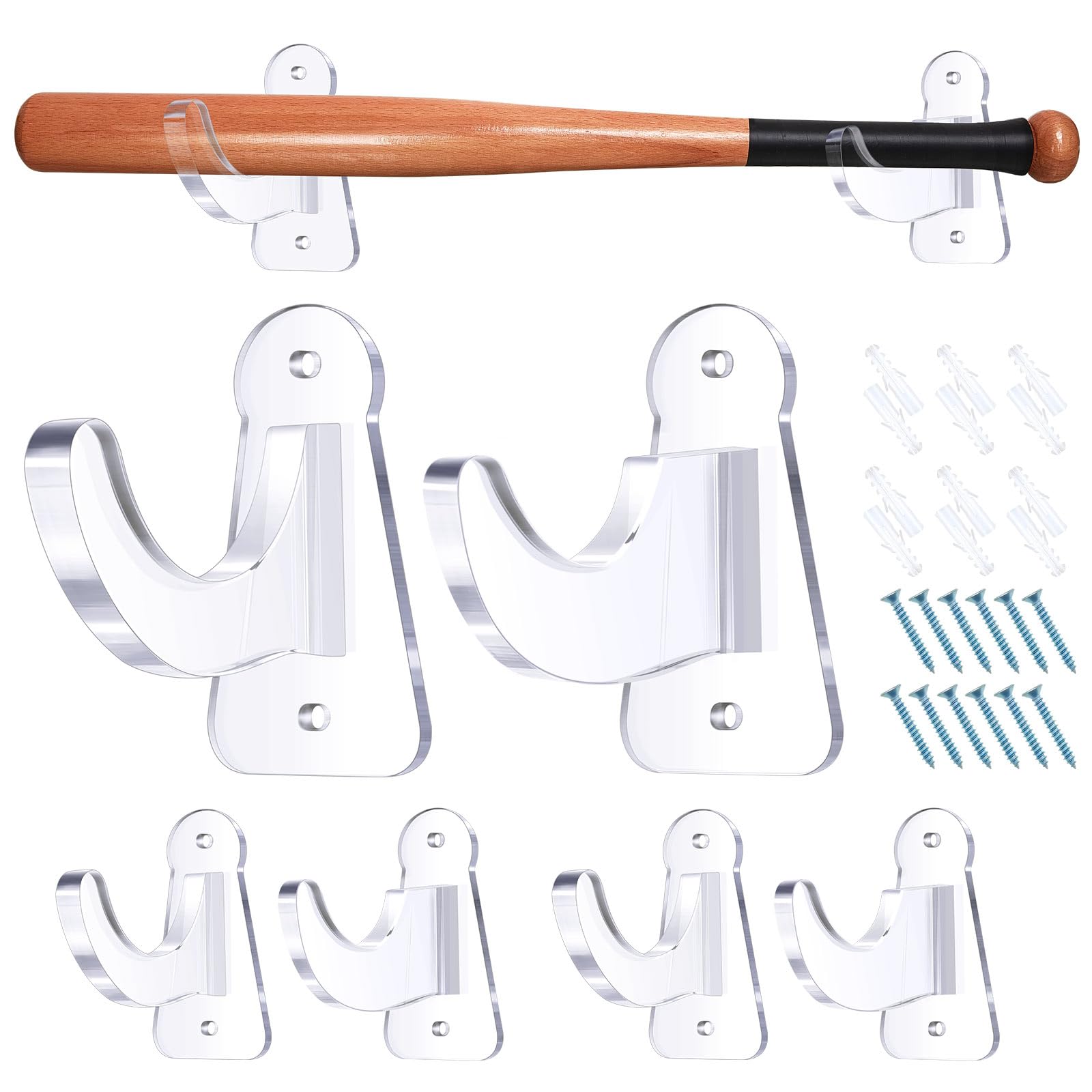 3 Sets Acrylic Baseball Bat Wall Mount Display Rack - Clear Bat Holder for Softball & Baseball Memorabilia (Fits 2-5/8'' Barrel) - Perfect for Home, Office, or Sports Room Decor