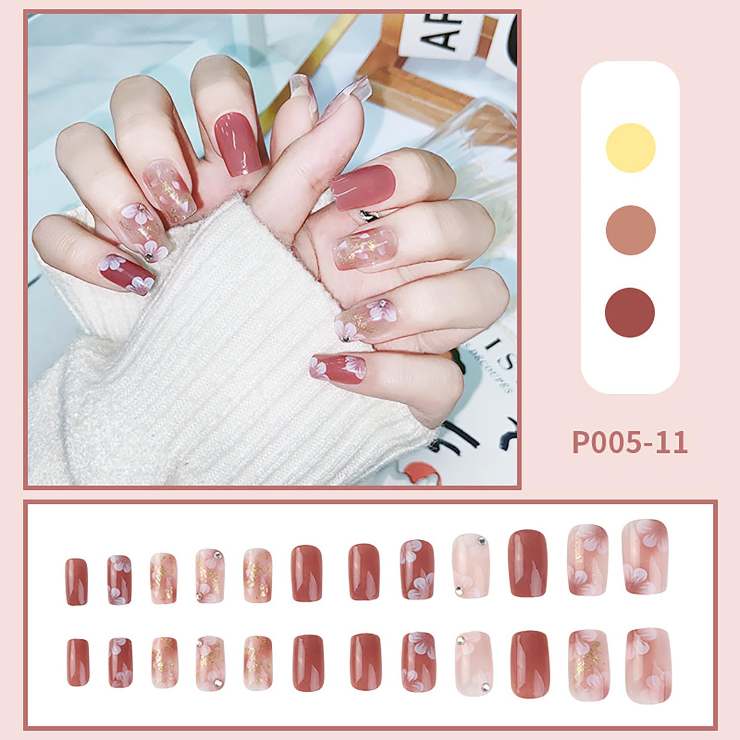 Vezocim 24Pcs Medium Length Square Press on Nails - Glossy Brown Acrylic Fake Nails with Flower & Rhinestone Designs, Full Cover Coffin False Nails with Glue Kit for Women | Perfect for Parties, Weddings, Date Nights & Special Occasions