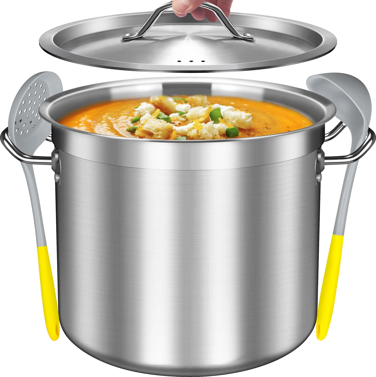 16 Quart Stainless Steel Stock Pot with Lid - Heavy Duty Large Cooking Pot for Soups, Stews & Pozole | Induction Compatible | Perfect for Family Meals, Meal Prep & Commercial Kitchens