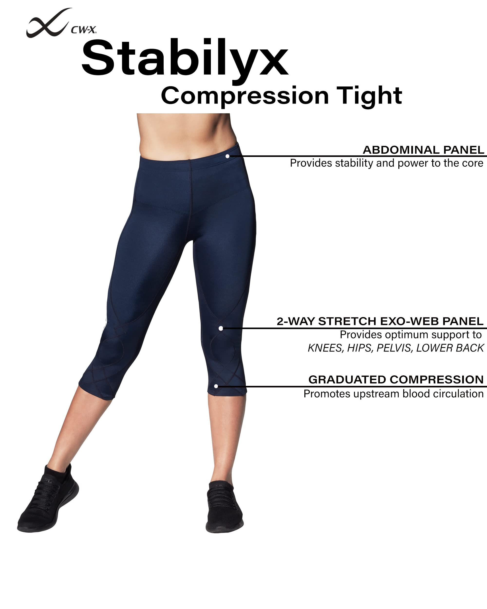 CW-X Women's Stabilyx Joint Support 3/4 Capri Compression Tight Pants - Knee & Hip Pain Relief for Running, Yoga & Workouts