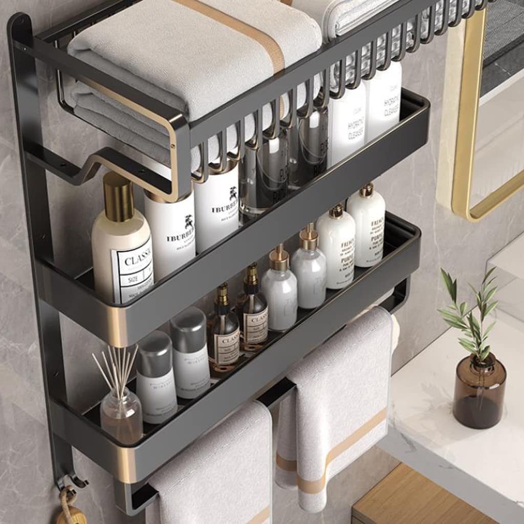 MUSUMI Bathroom Shelf - No Hole Mesh Basket for Towels & Toiletries, 47cm Black - Perfect for Bathroom Vanity, Shower Organization & Small Space Storage