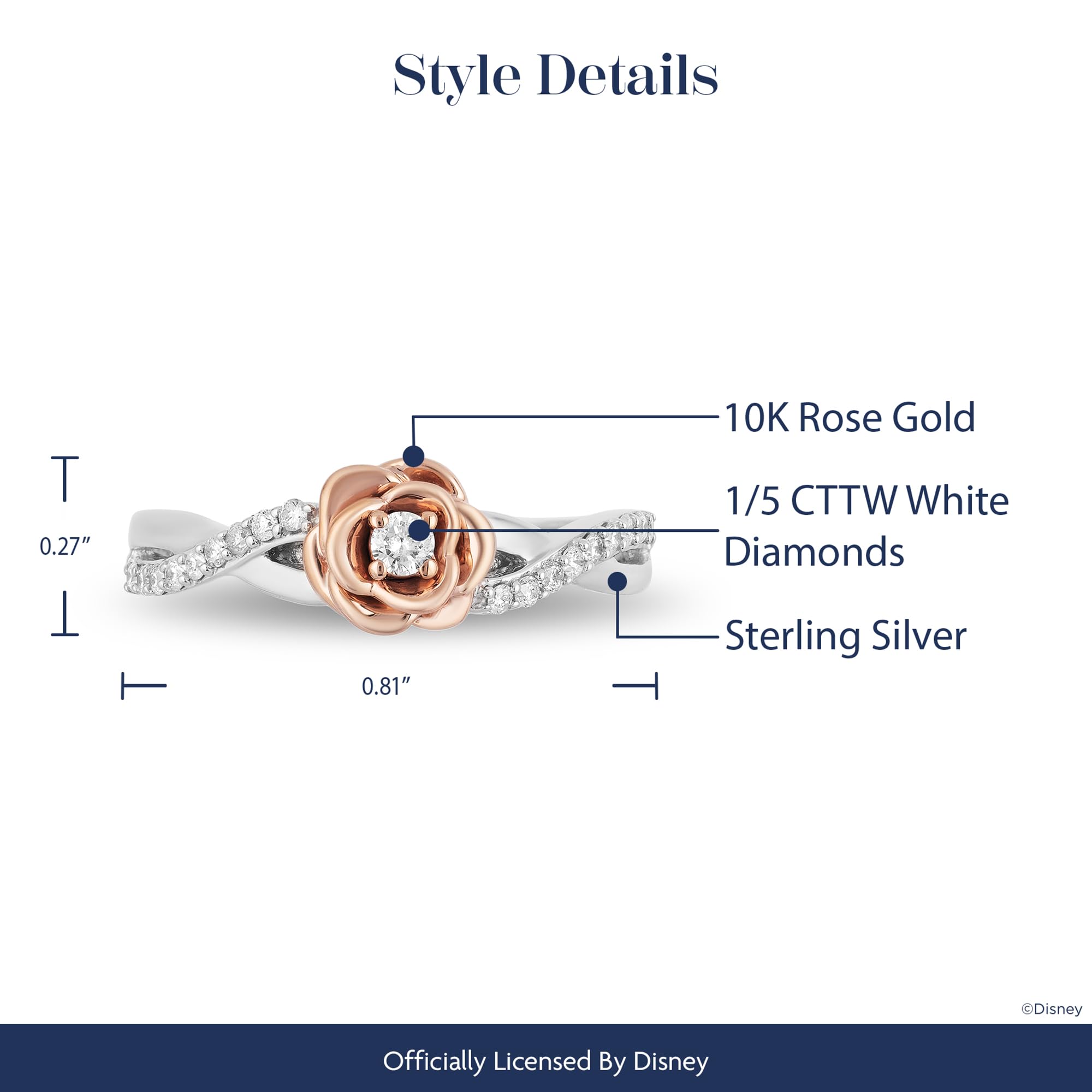 Enchanted Disney Belle Rose Ring - Sterling Silver & 10K Rose Gold with 1/5 Cttw Diamonds | Fine Jewelry for Women | Perfect Gift for Disney Fans, Brides & Princess-Themed Occasions