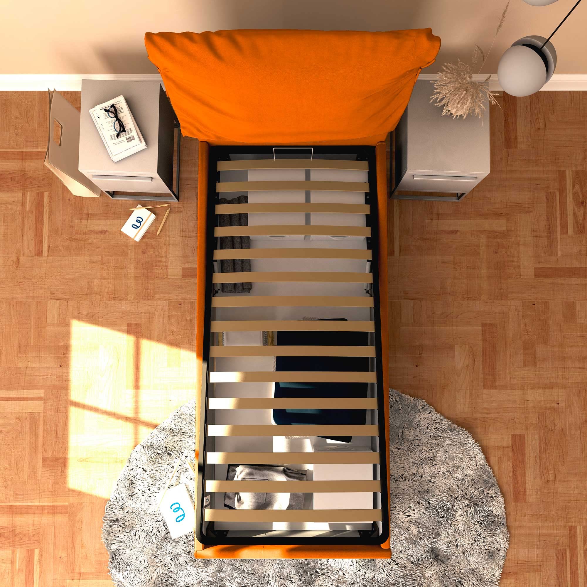 Baldiflex Single Bed with Storage - Licia Soft Synthetic Leather Upholstery, Slatted Base for Single Mattress, 90 x 190 cm, Padded Headboard, Orange - Perfect for Small Bedrooms, Guest Rooms & Studio Apartments
