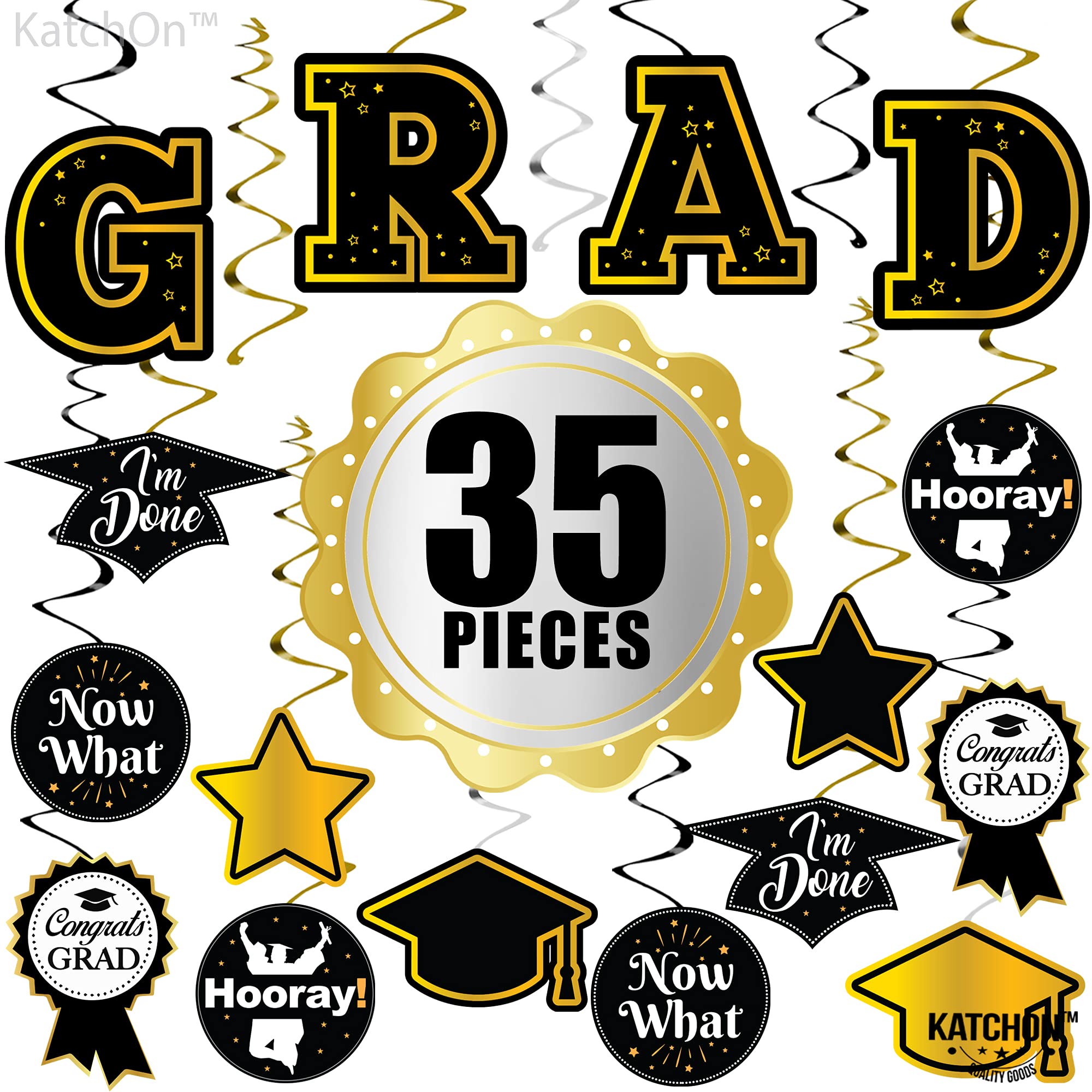 KatchOn Graduation Hanging Swirl Decorations - 35 Pack Black & Gold Party Decor for 2025 Graduation Ceremony | No DIY Required | Perfect for Graduation Parties, School Events & Photo Backdrops