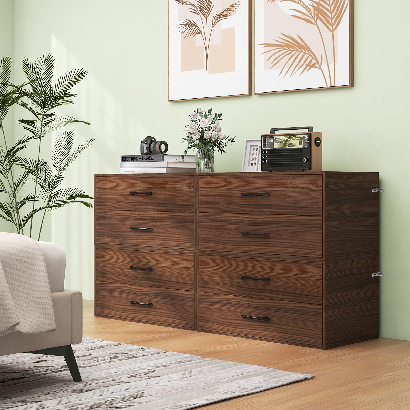 Giantex 2-Drawer Stackable Dresser for Bedroom - Walnut Short Storage Cabinet with Handles & Anti-Tip Safety Device - Perfect for Closet Organization, Small Space Furniture, Nursery or Dorm Room Storage