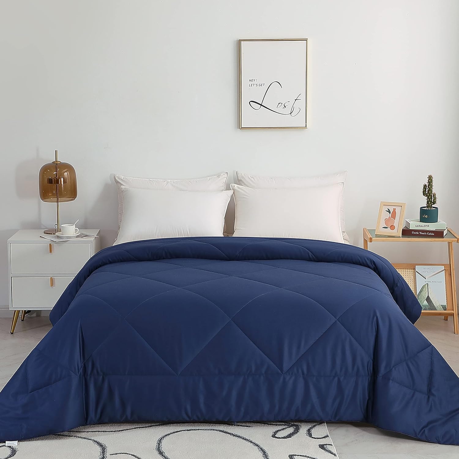 Premium 100% Cotton All-Season Reversible Comforter - Lightweight, Breathable & Fluffy Bed Quilt for Full/Queen Size (Navy Blue) | Perfect for Year-Round Comfort in Bedrooms, Guest Rooms & Dormitories