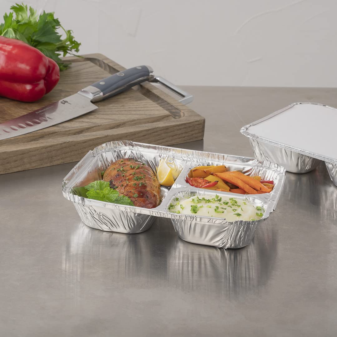 Restaurantware Foil Lux 23oz Aluminum Food Storage Containers - 100-Pack 3-Compartment Rectangle Pans for Baking, Meal Prep & Leftovers (Lids Sold Separately) | Durable & Reusable for Catering, Restaurants & Home Cooking