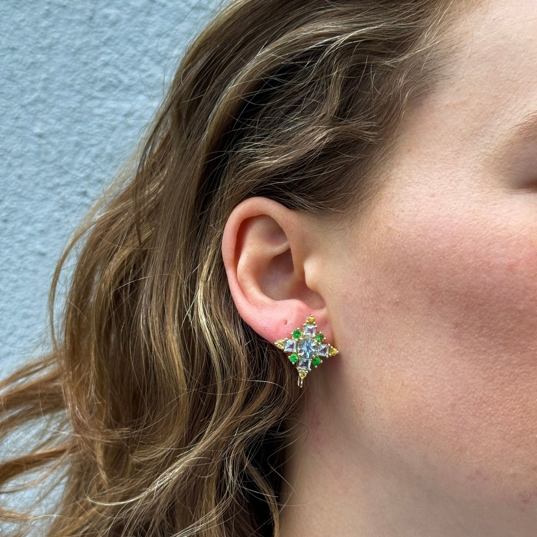 14K Gold Detachable Drop Earrings with Aquamarine, Tsavorite & Yellow Sapphire - Elegant Jewelry for Weddings, Parties & Special Occasions