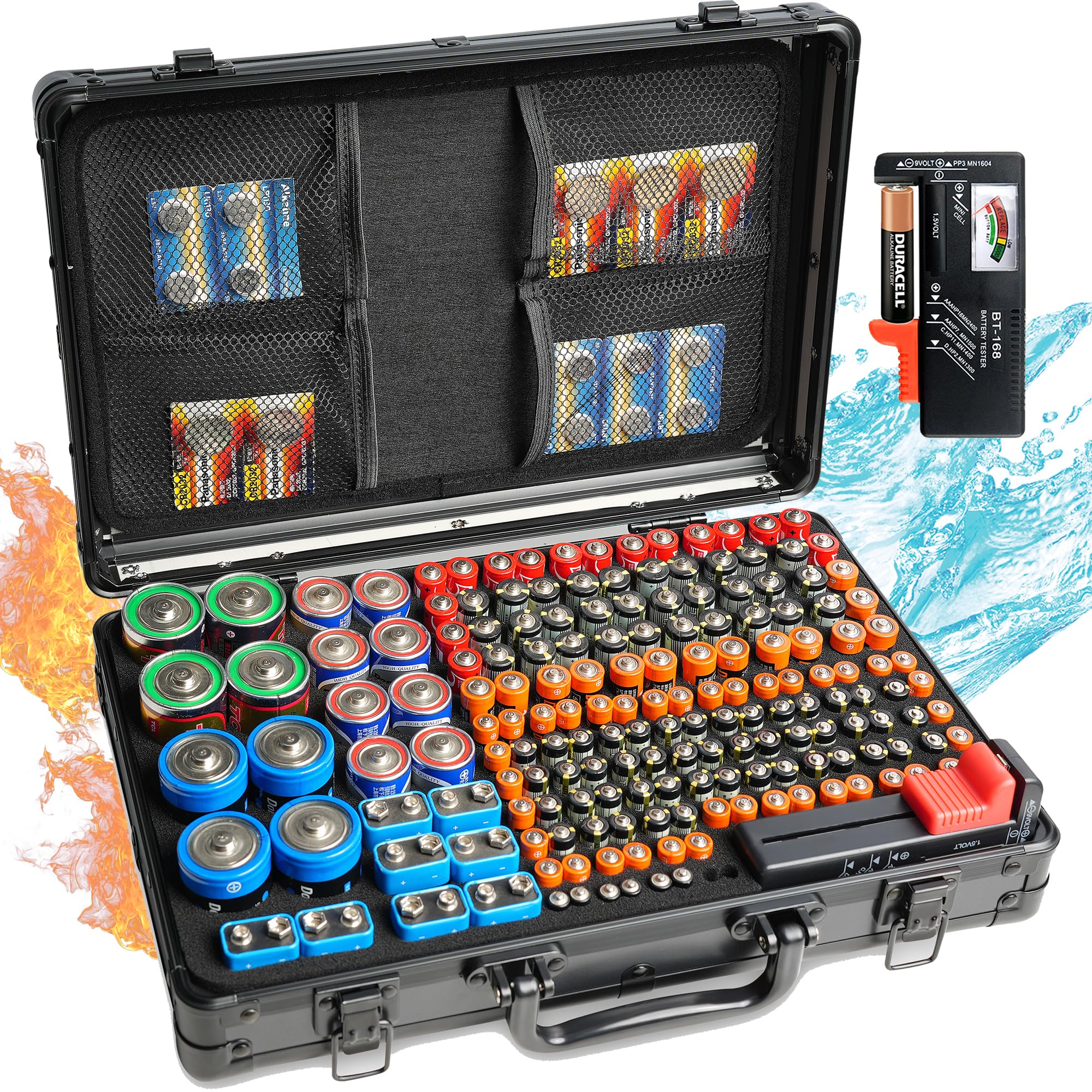 Fireproof Battery Organizer Case for 200 Batteries Storage with BT-168 Tester - Hard Aluminum Battery Caddy Box, Water-Resistant Carrying Case for AA AAA C D 9V Cell Batteries (No Battery Included) - Perfect for Home, Office, Travel & Emergency Kits