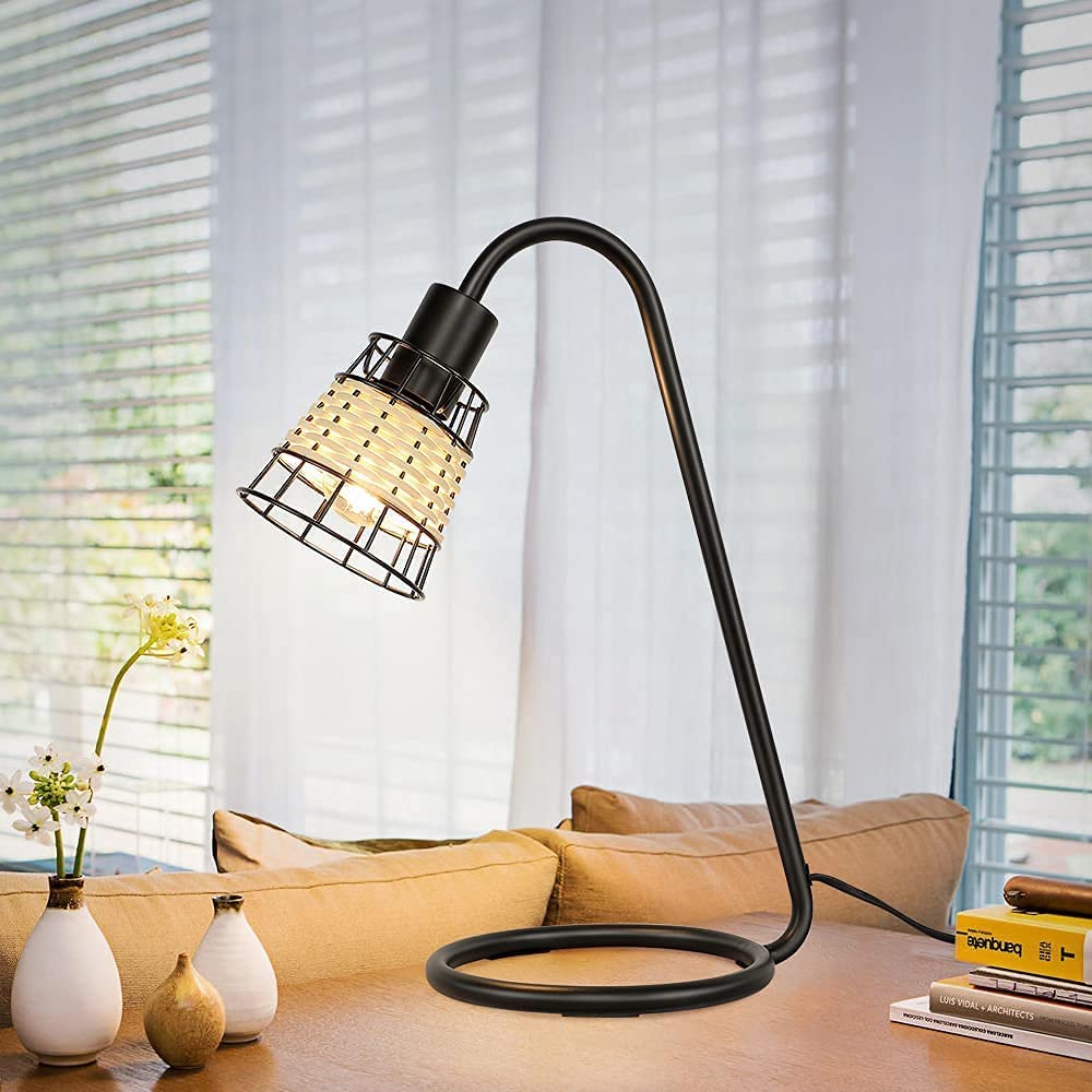 Modern LED Desk Lamp with Rattan Shade - Industrial Black Metal Table Lamp for Bedroom, Living Room, Office & Study | Adjustable Nightstand Lighting for Reading & Workspace