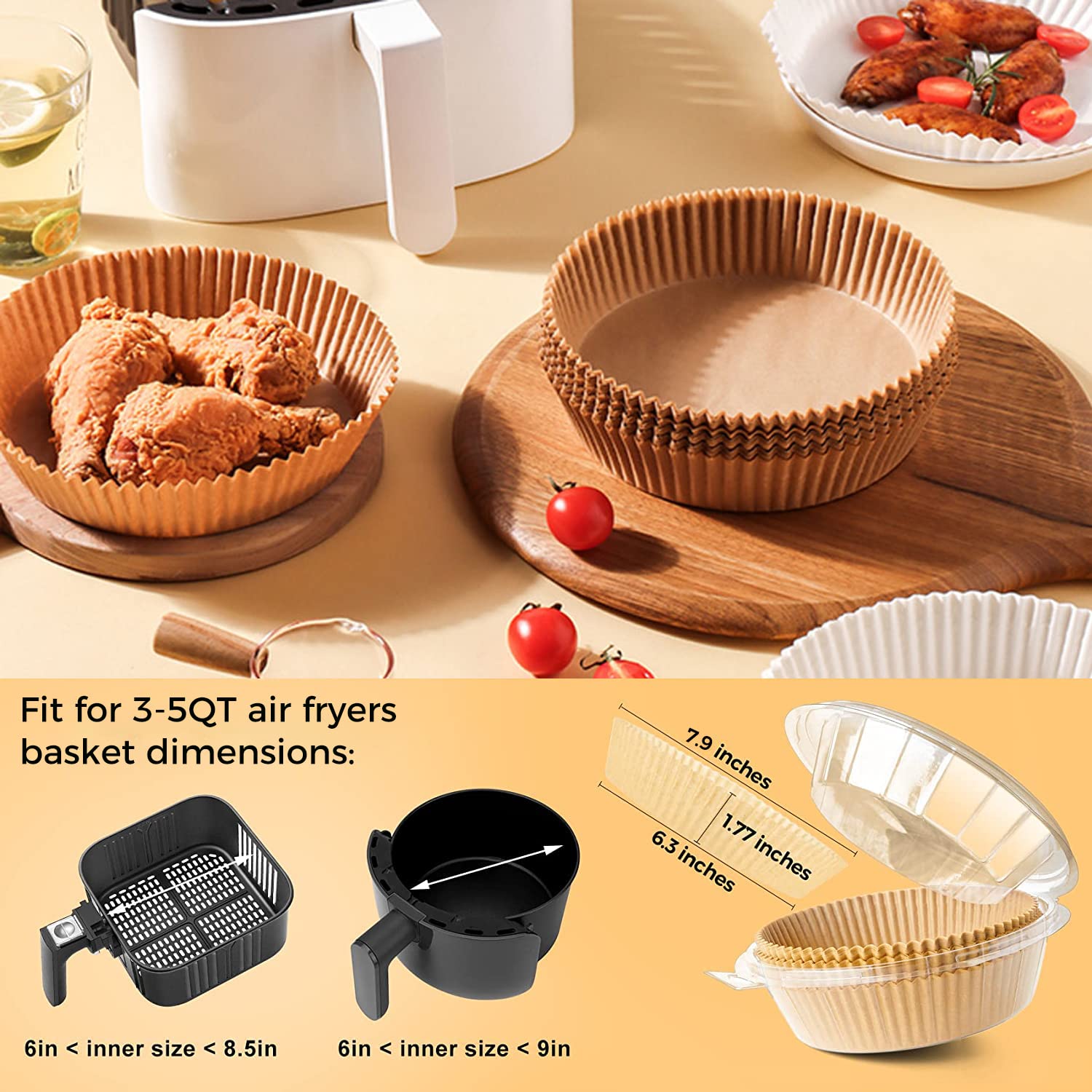 120PCS 6.3'' Unbleached Air Fryer Parchment Paper Liners - Disposable Baking Sheets for 3-5 Qt Air Fryer Baskets | Perfect for Healthy Cooking, Roasting Vegetables & Reheating Food