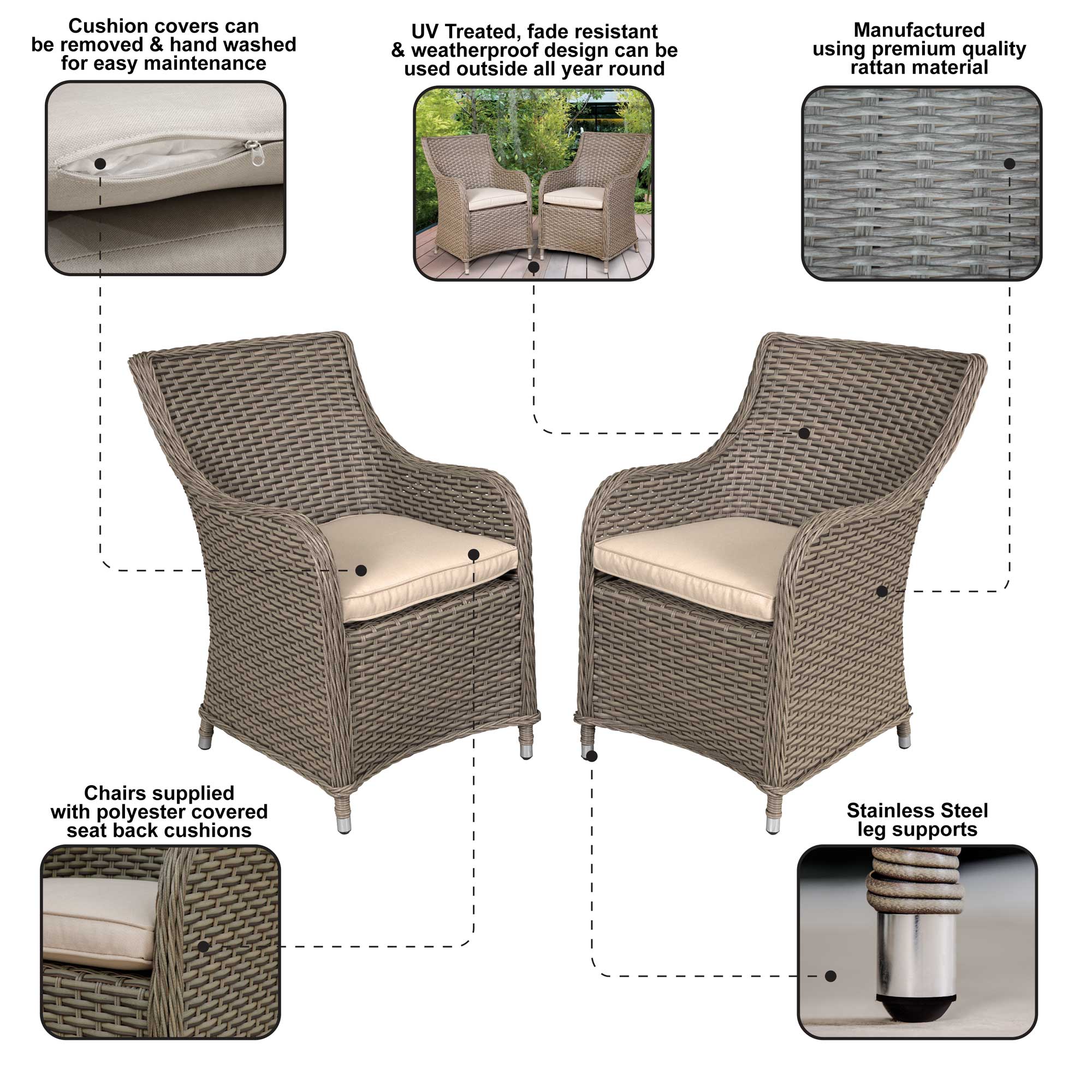 Premium Chester Rattan Wicker Garden Dining Chairs with Cushions - Weather-Resistant Brown Patio Furniture for Outdoor Dining & Backyard Relaxation | Set of 2 DG64
