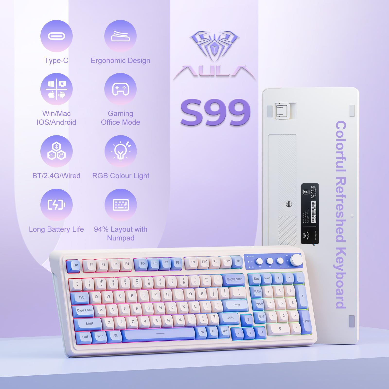 AULA 99-Key Tri-Mode Wireless Mechanical Keyboard - Bluetooth/2.4GHz/USB-C, RGB Backlit with Number Pad & Media Knob, Creamy Purple Gaming Keyboard for PC, MAC, Xbox - Perfect for Gaming, Office Work & Typing