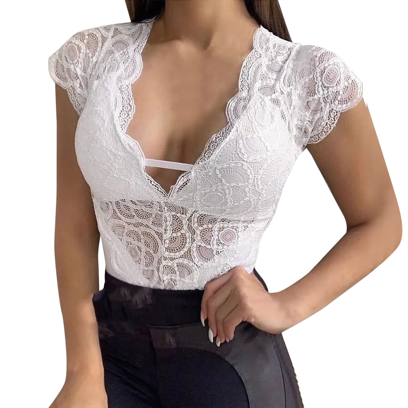 Sexy Lace See-Through Women's Shirt - Slim Fit Casual Top with Short Sleeves - Plus Size XL (White) - Perfect for Date Nights, Club Outings & Sensual Occasions