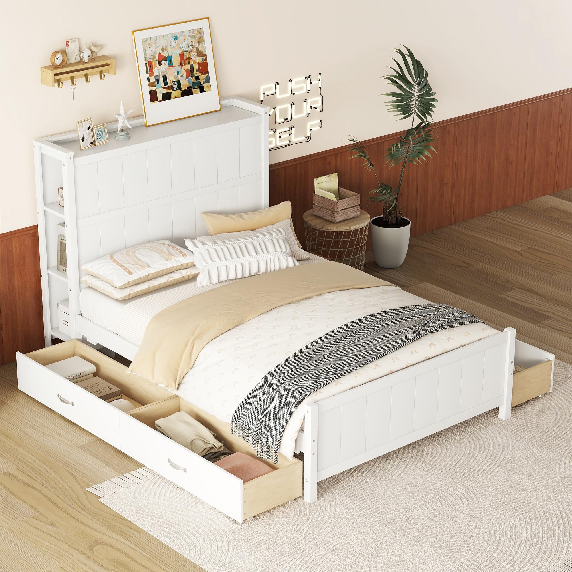 Modern Wood Storage Bed Frame with Headboard & 4 Drawers - Kids Teens Bedroom Furniture for Boys Girls