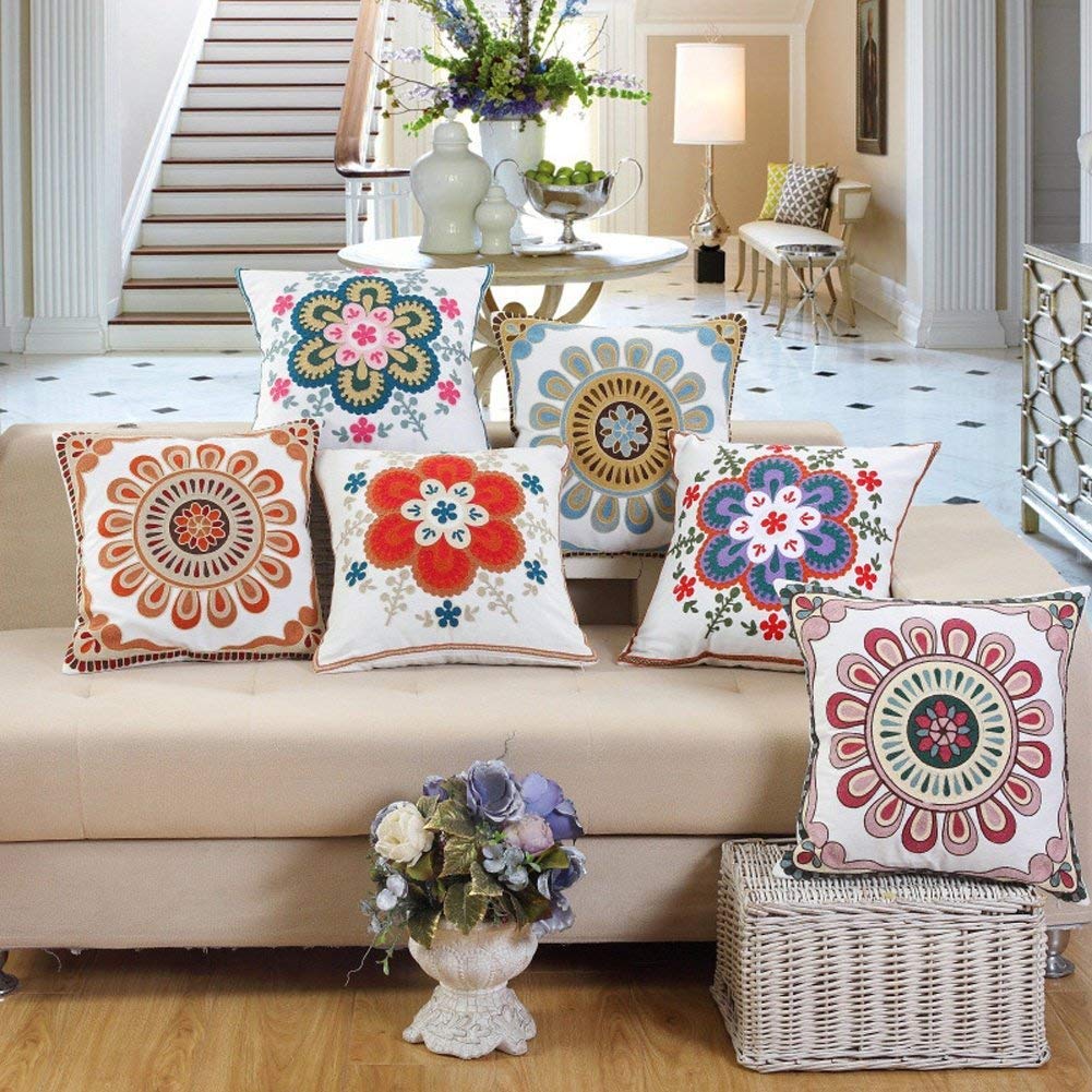 Handmade Bohemian Flower Embroidered Cushion Cover Set of 2 - 18x18 Inch (45x45cm) Blue Floral Pillow Covers for Sofa, Bed, Car & Home Decor - Perfect Housewarming Gift & Boho Chic Decoration