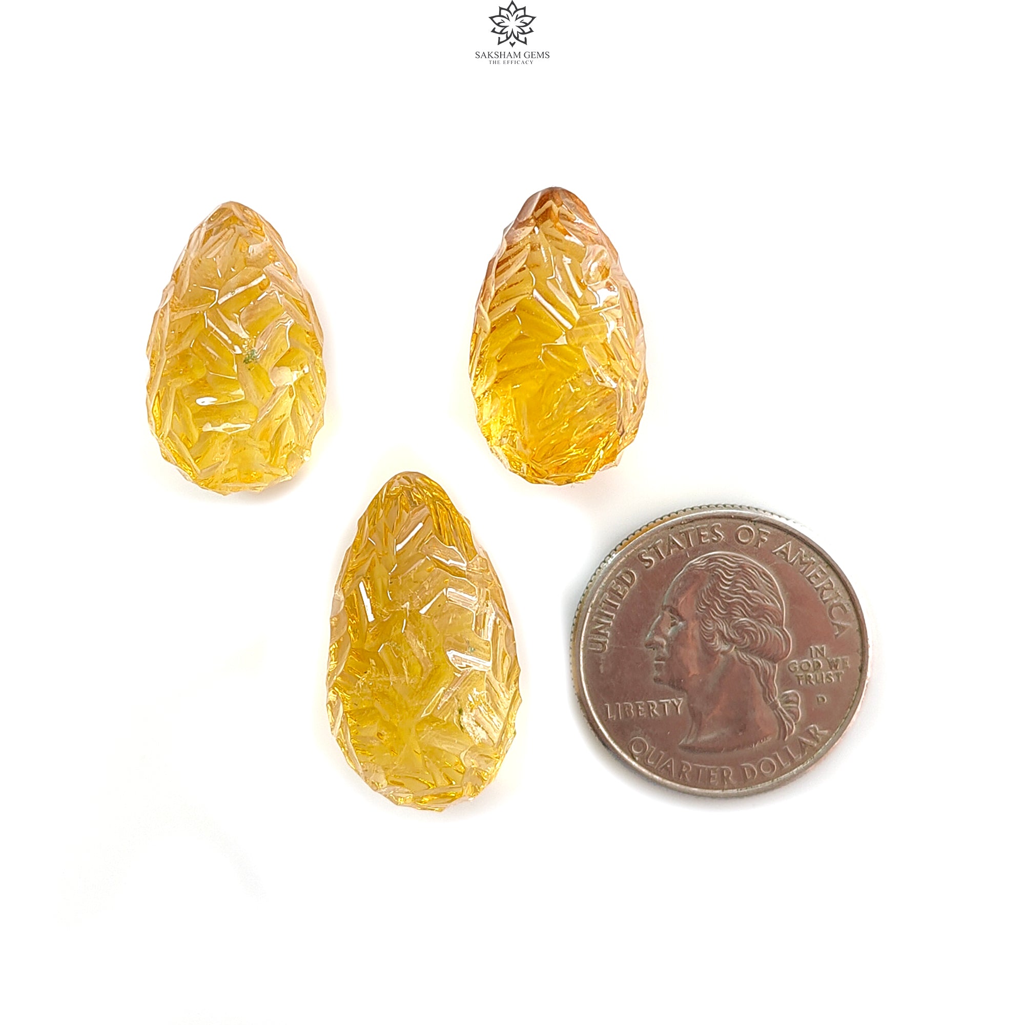 Natural Untreated Yellow Citrine Gemstone Carving - 89.00cts Hand Carved Teardrop Shape (22mm-26mm, 3pcs Set) November Birthstone for Jewelry Making, Healing Crystals & Spiritual Gifts