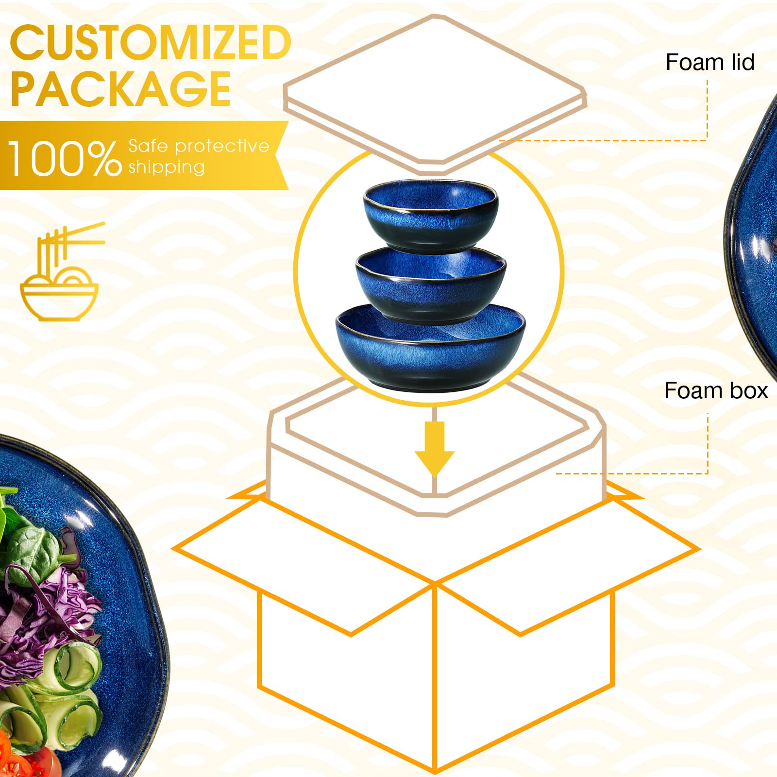 3-Piece Ceramic Salad Bowls Set - Blue Mixing & Serving Bowls for Ramen, Soup, Pasta & Noodles - Microwave & Dishwasher Safe Porcelain Bowls (13oz, 27oz, 47oz) - Perfect for Home Dining, Meal Prep & Nesting Storage