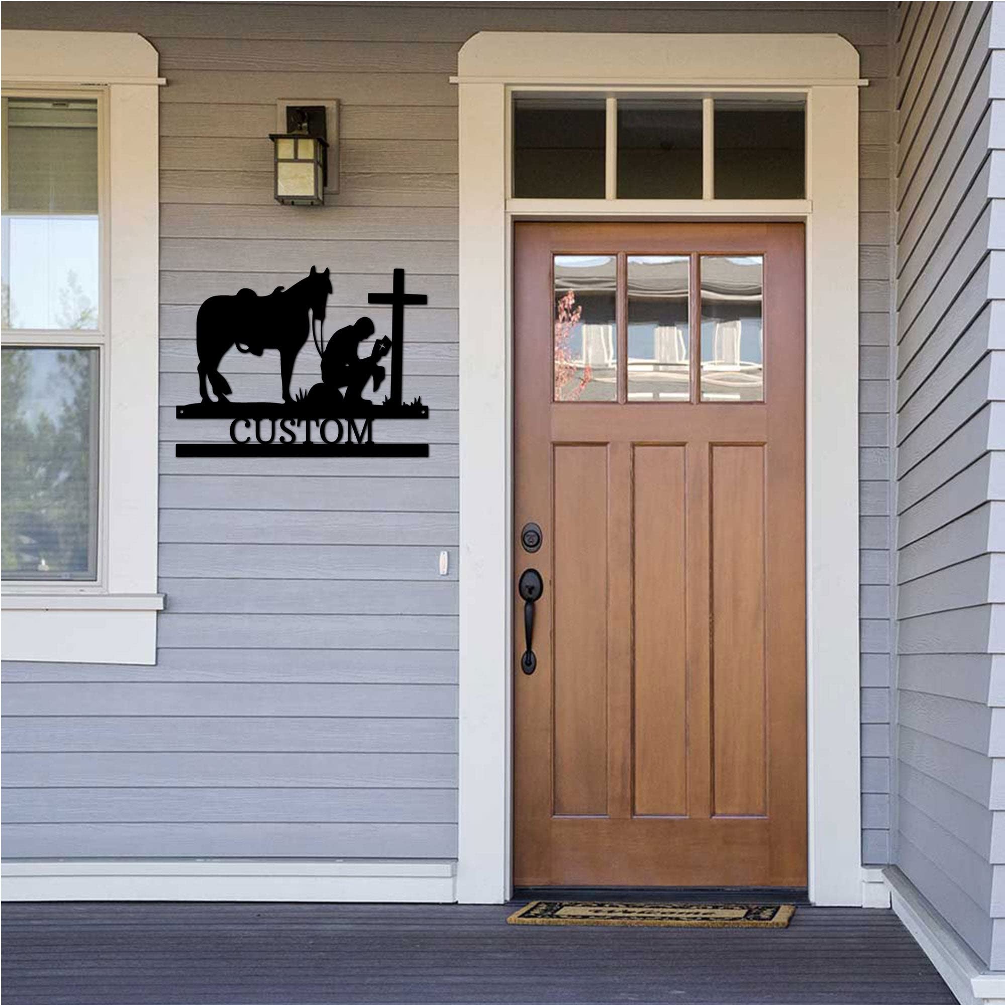 Custom Name Metal Wall Art - Praying Cowboy with Horse Kneeling at Cross - 30 Inch White Western Decor for Home, Office & Ranch