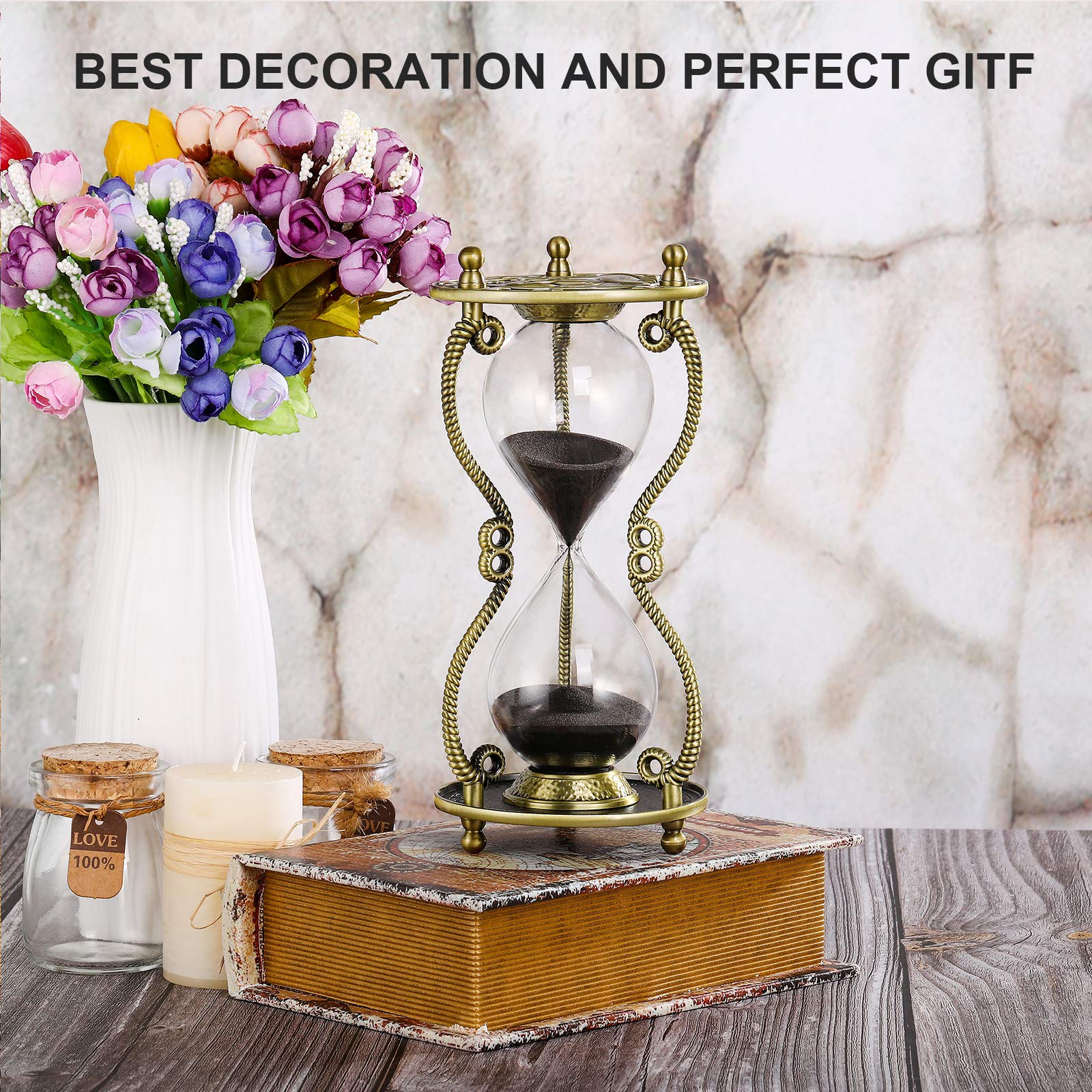 60 Minute Sun and Moon Engraved Brass Sand Timer - Antique Metal Hourglass with White Sand - Large 1 Hour Glass for Office Desk Decor, Meditation Timer, Yoga Studio, Classroom Tool & Unique Gift Idea