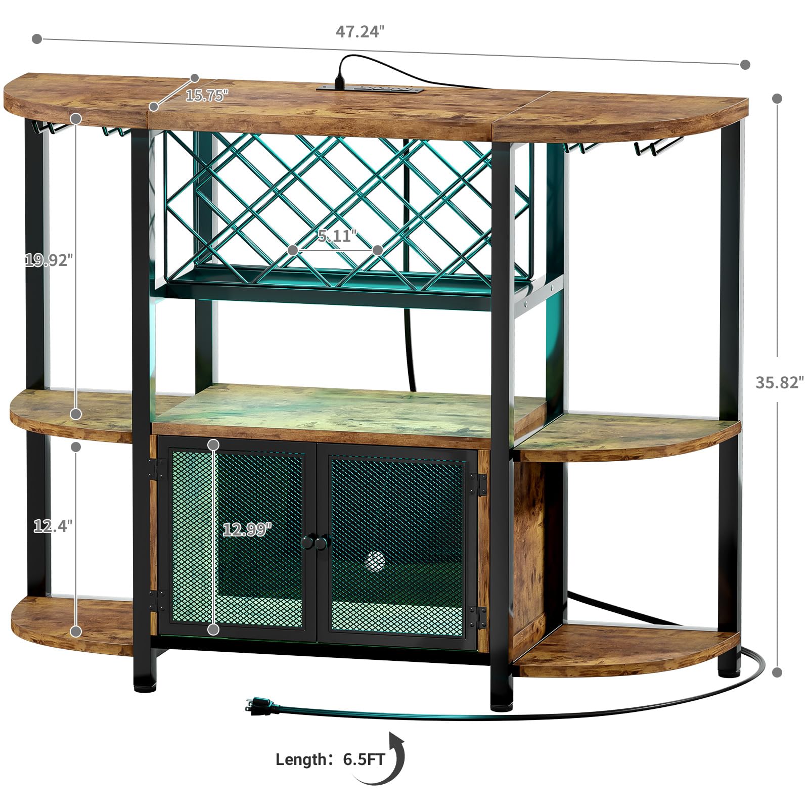 Industrial Wine Bar Cabinet with LED Lights & Power Outlets - Freestanding Coffee Liquor Cabinet with Glass Storage - Rustic Brown Farmhouse Kitchen/Dining Bar Cabinet - Perfect for Home Entertaining & Wine Display
