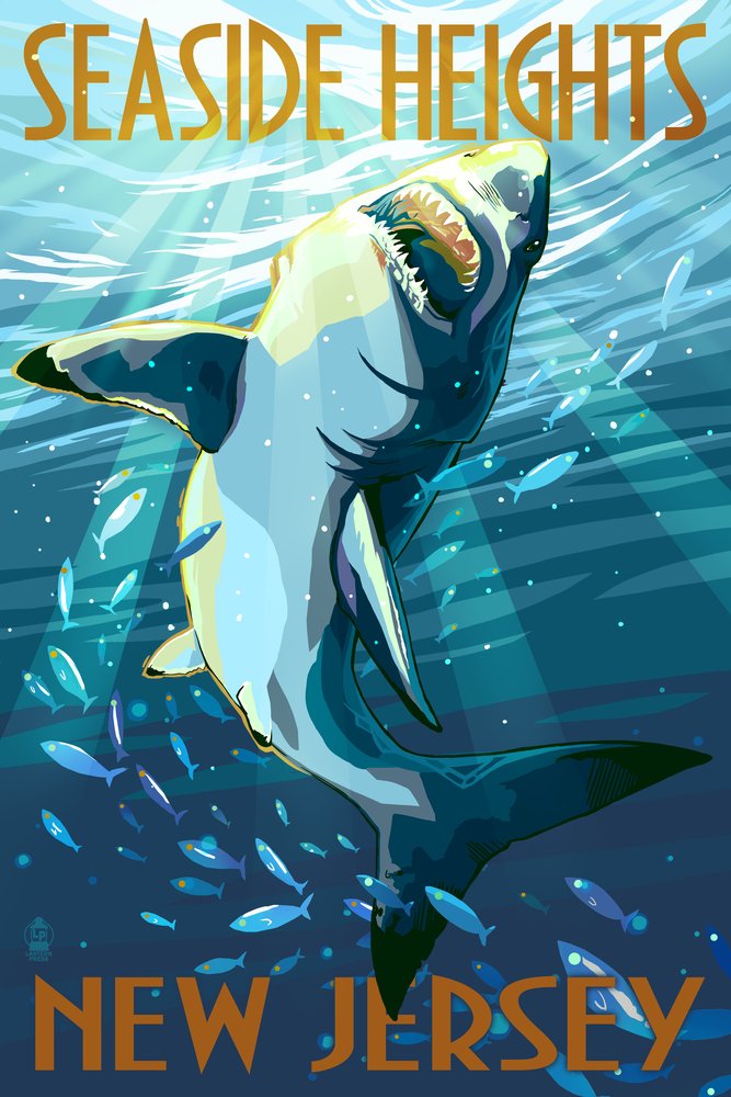Stylized Shark 44511 Art Print - 24x36 Signed Wall Decor Poster | Coastal New Jersey Theme | Perfect for Beach House, Office & Living Room Decor