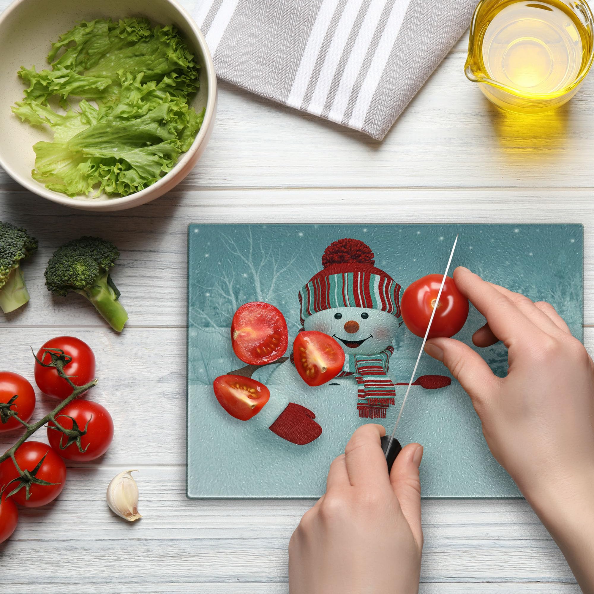 Ambesonne Snowman Themed Tempered Glass Cutting Board - 3D Smiling Snowman with Hat & Scarf Design - White & Red Holiday Serving Board for Cheese, Charcuterie & Appetizers - Perfect Christmas Kitchen Decor & Gift Idea