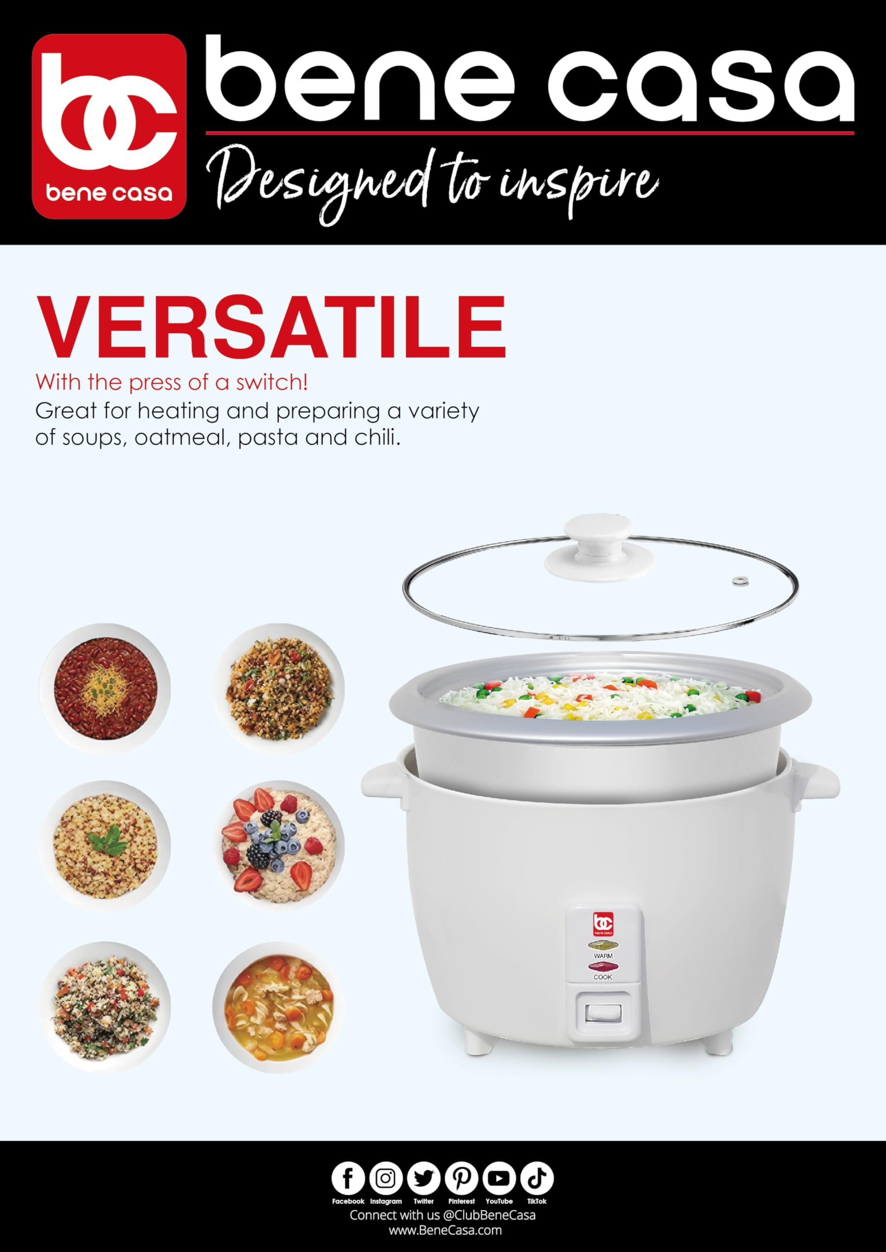 Bene Casa 12-Cup Rice Cooker with Glass Lid - Nonstick Aluminum Inner Pot & 12-Hour Keep Warm - Perfect for Family Meals, Meal Prep, and Dorm Cooking (6 Cups Uncooked Rice Capacity)