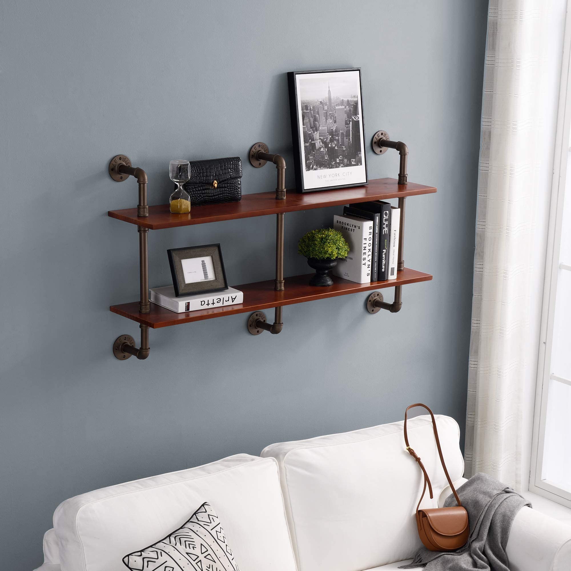 **Industrial Pipe Shelves with Wood 2-Tiers - Rustic Wall Mount Shelf with Metal Brackets, DIY Floating Bookshelf for Home & Office Storage - Perfect for Living Room, Bedroom, Kitchen & Bathroom Organization**