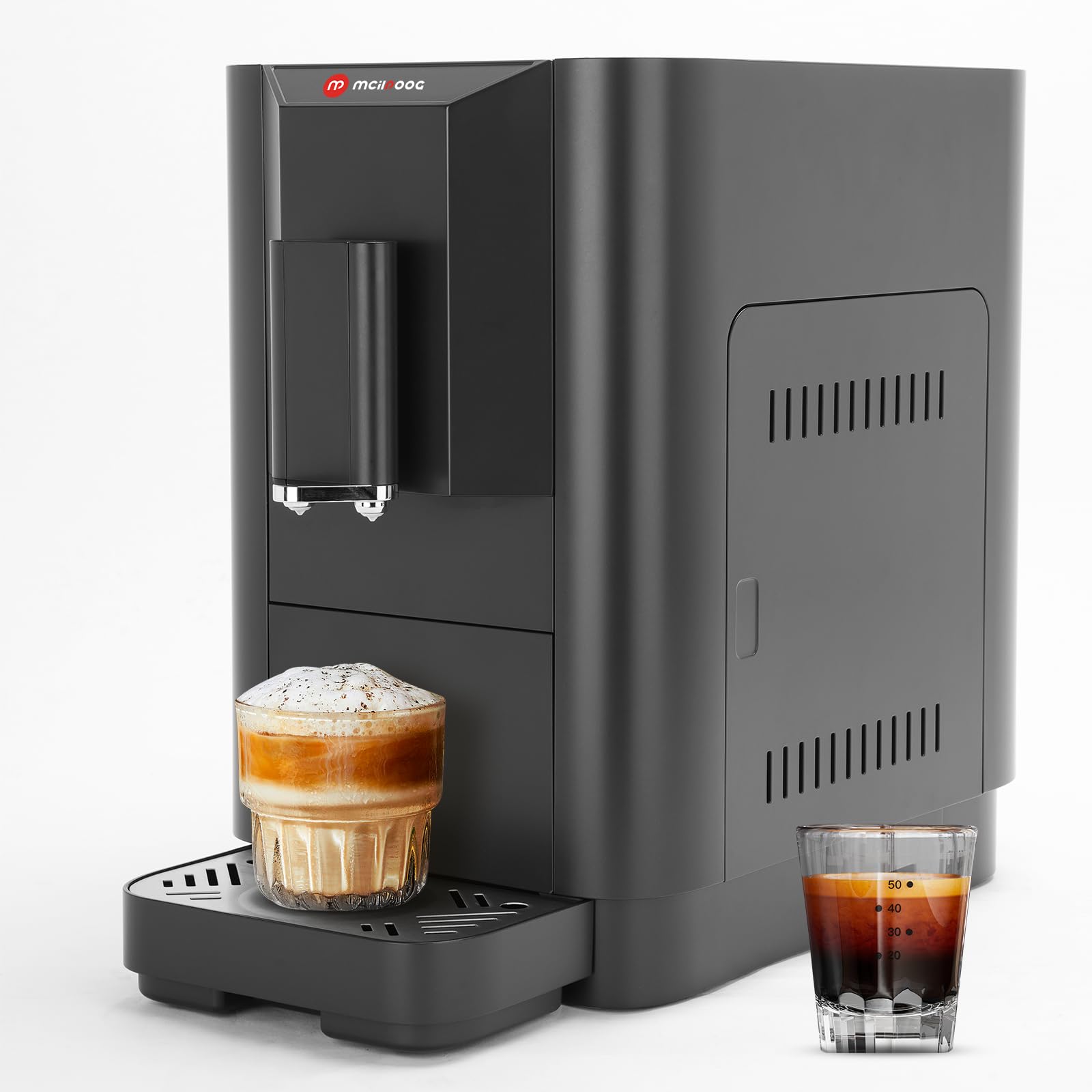 Milpoog ES320 Fully Automatic Espresso Machine with Built-in Grinder - Compact Touch Screen Coffee Maker for Home & Office - Brews 4 Coffee Varieties (Black) - Perfect for Morning Coffee, Office Breaks & Entertaining Guests