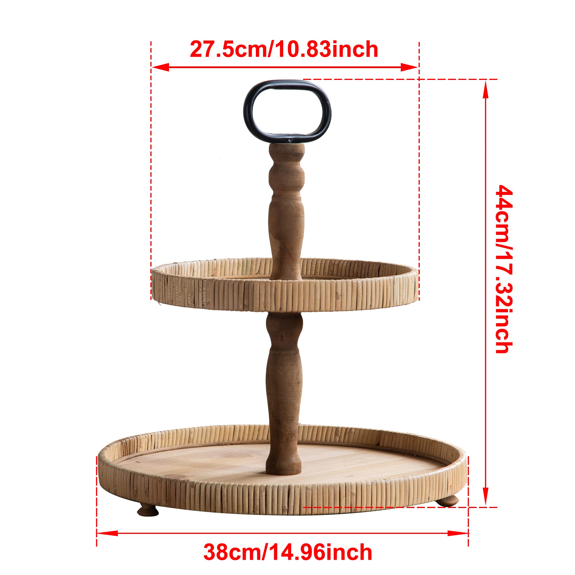 2-Tier Rustic Farmhouse Serving Tray with Metal Handles - Round Wooden Tiered Display Stand for Desserts, Fruits, Snacks, Nuts | Perfect for Kitchen Counter, Dining Table, Coffee Bar & Party Decor (Light Brown)